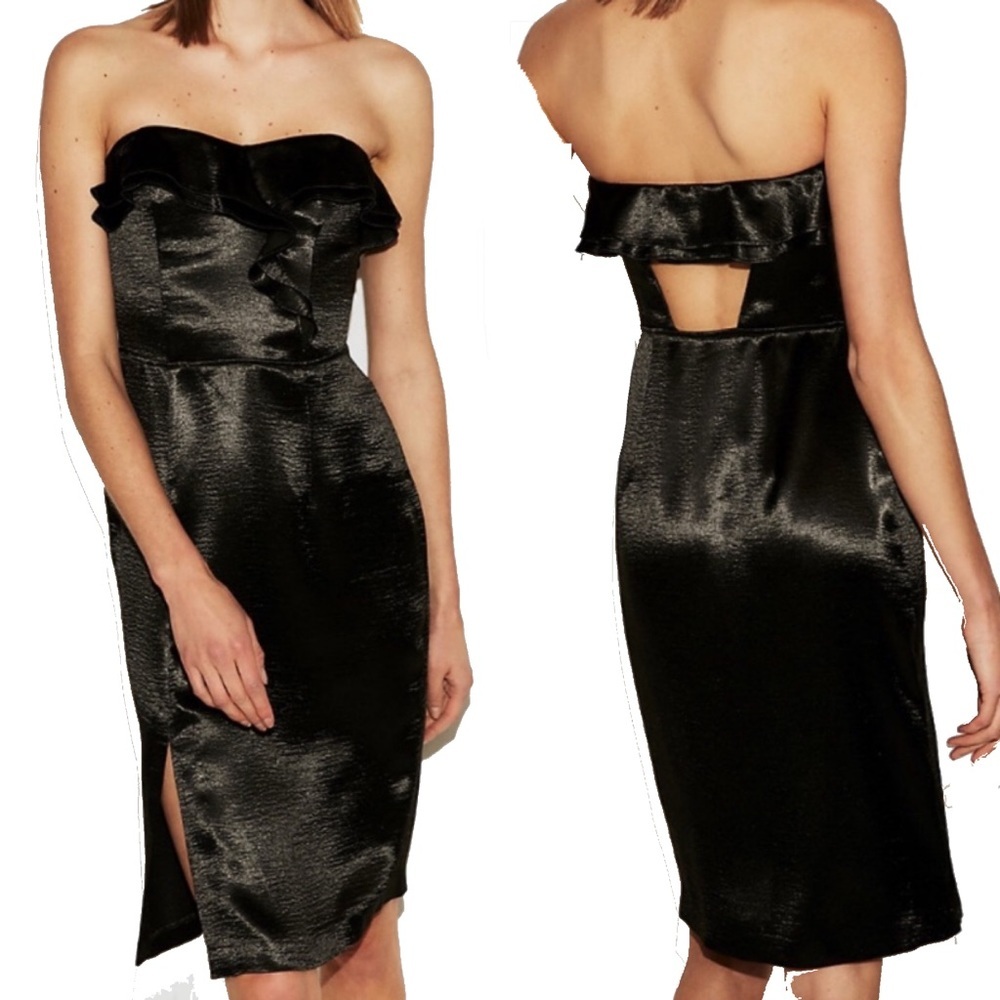 EXPRESS Black Strapless Ruffle Midi Dress with Back Cutout 4 NWT